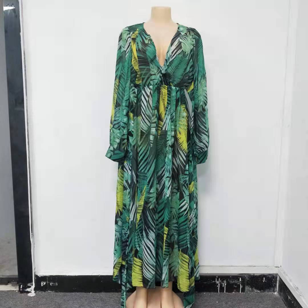 2025 Cross-Border Summer New Amazon European and American Lantern Sleeve Sexy Deep V Print Dress Green Leaf Long Skirt