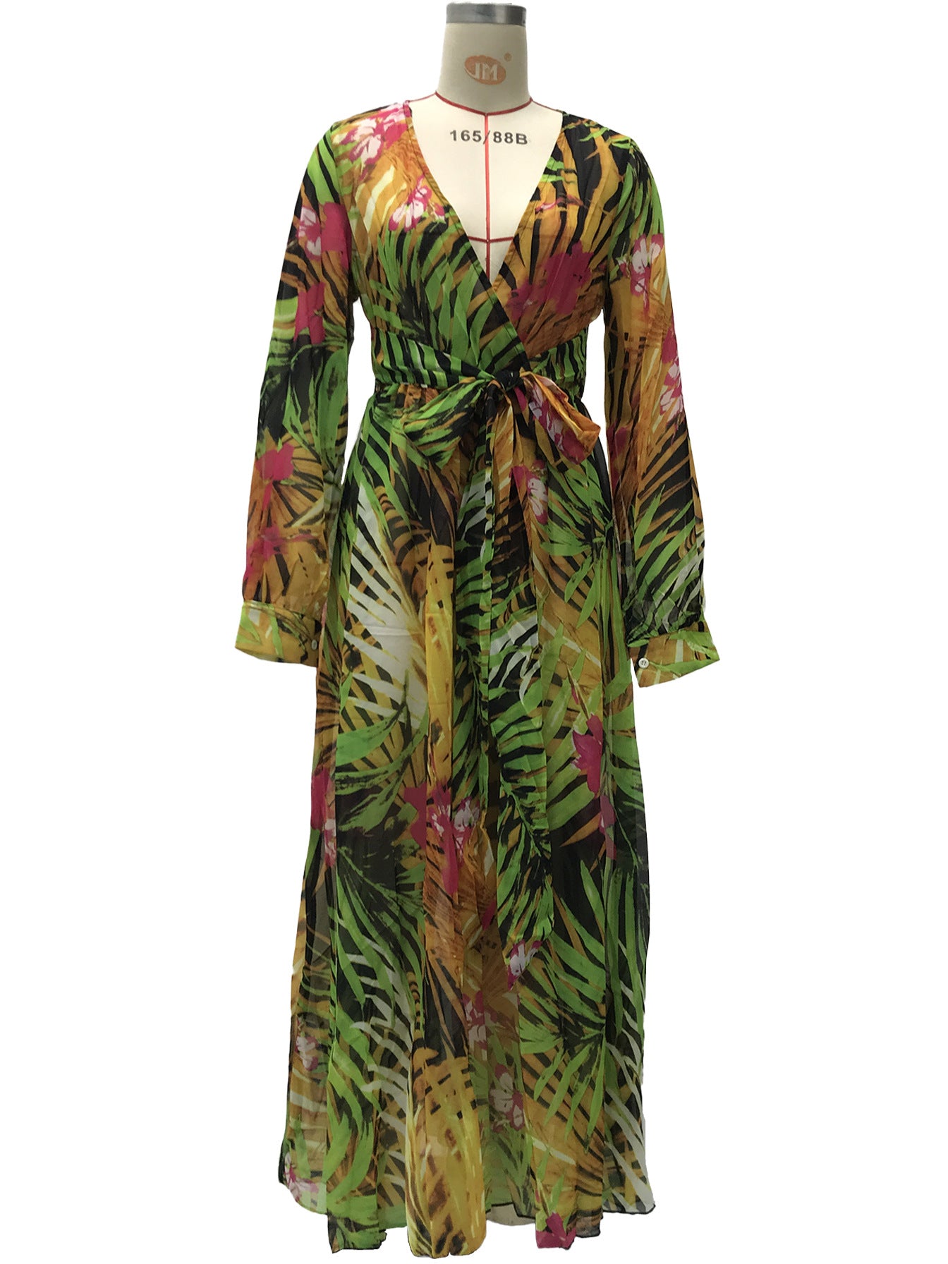 2025 Cross-Border Summer New Amazon European and American Lantern Sleeve Sexy Deep V Print Dress Green Leaf Long Skirt