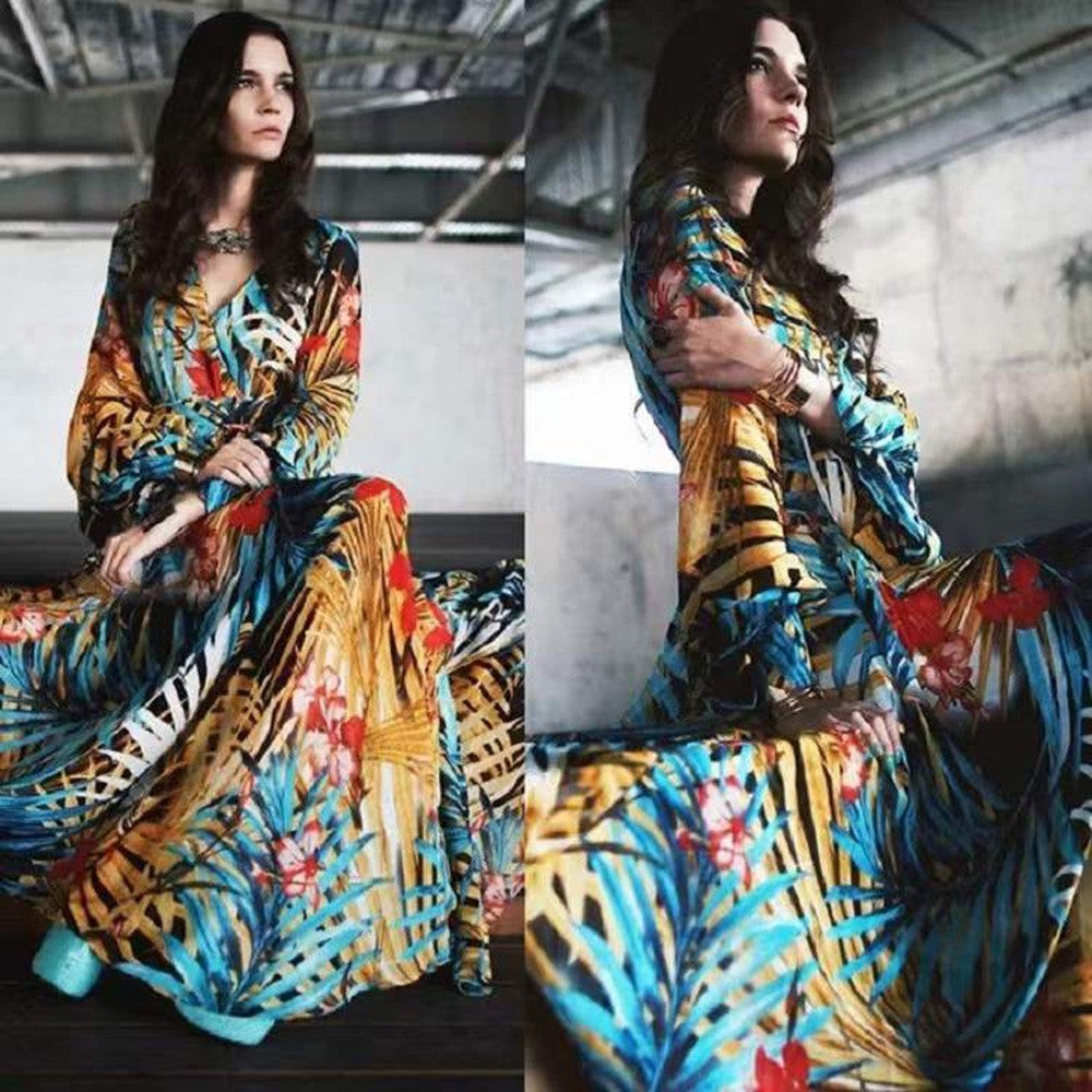 2025 Cross-Border Summer New Amazon European and American Lantern Sleeve Sexy Deep V Print Dress Green Leaf Long Skirt