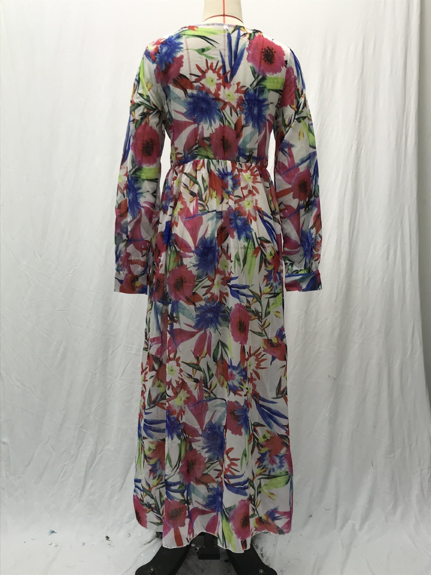 2025 Cross-Border Summer New Amazon European and American Lantern Sleeve Sexy Deep V Print Dress Green Leaf Long Skirt