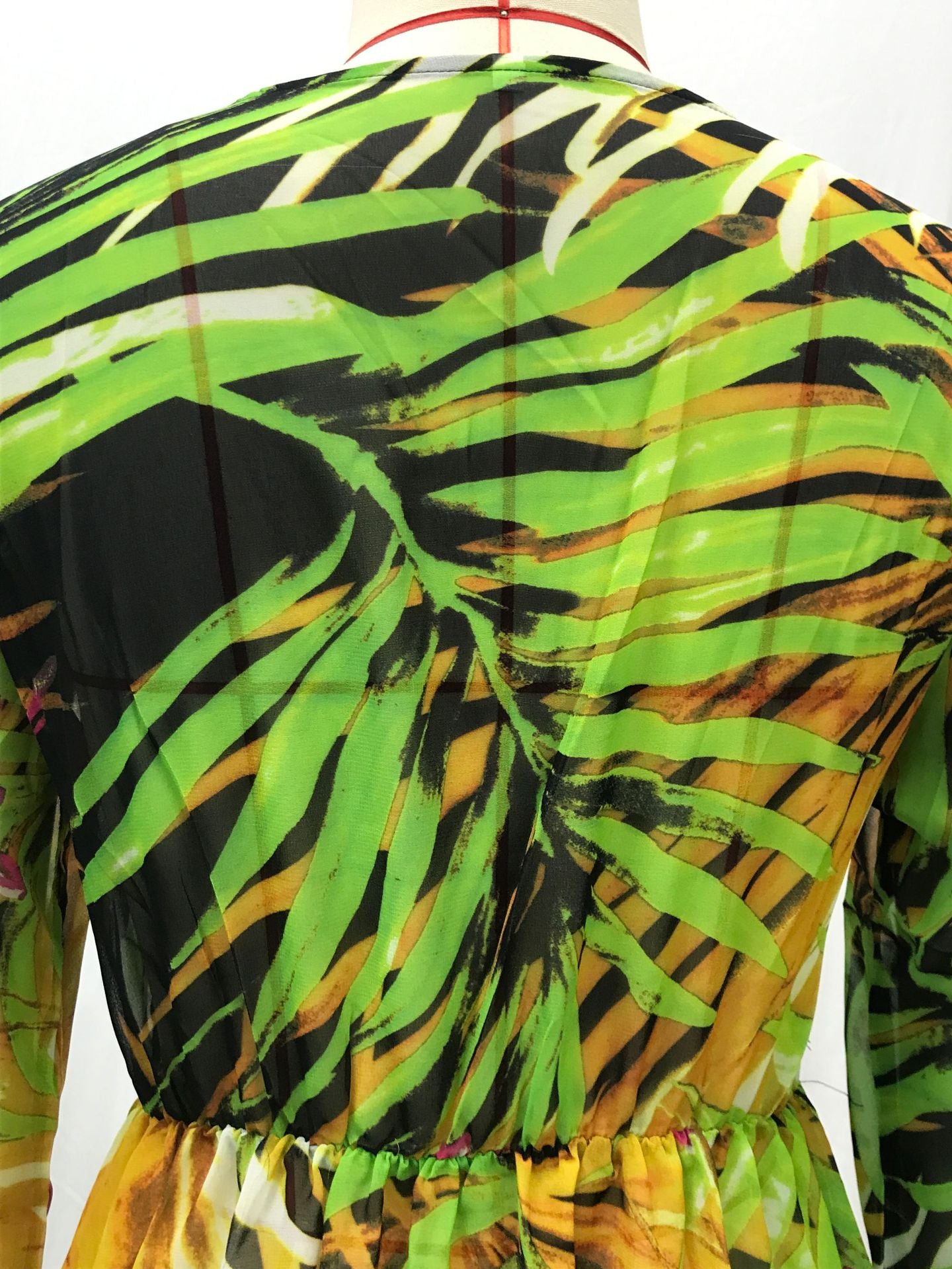 2025 Cross-Border Summer New Amazon European and American Lantern Sleeve Sexy Deep V Print Dress Green Leaf Long Skirt