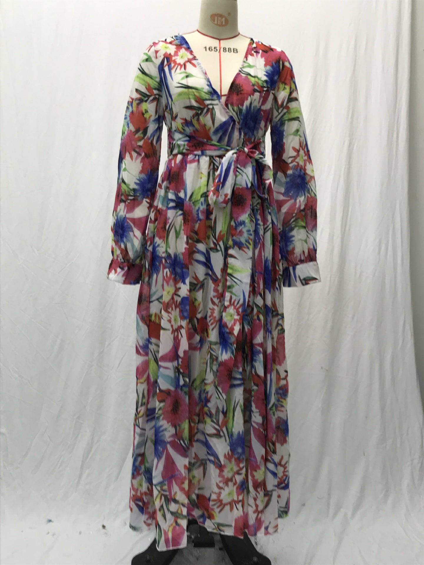 2025 Cross-Border Summer New Amazon European and American Lantern Sleeve Sexy Deep V Print Dress Green Leaf Long Skirt