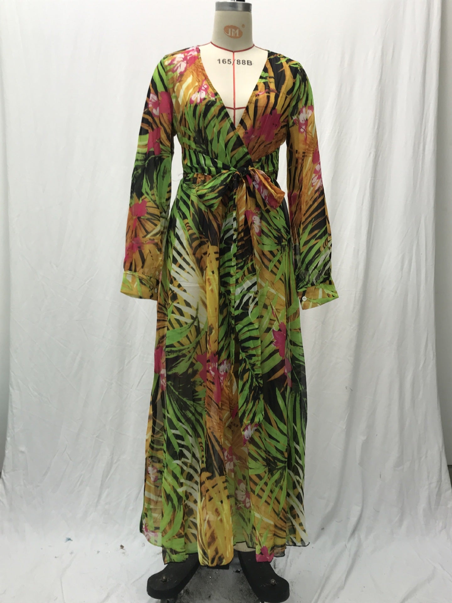2025 Cross-Border Summer New Amazon European and American Lantern Sleeve Sexy Deep V Print Dress Green Leaf Long Skirt