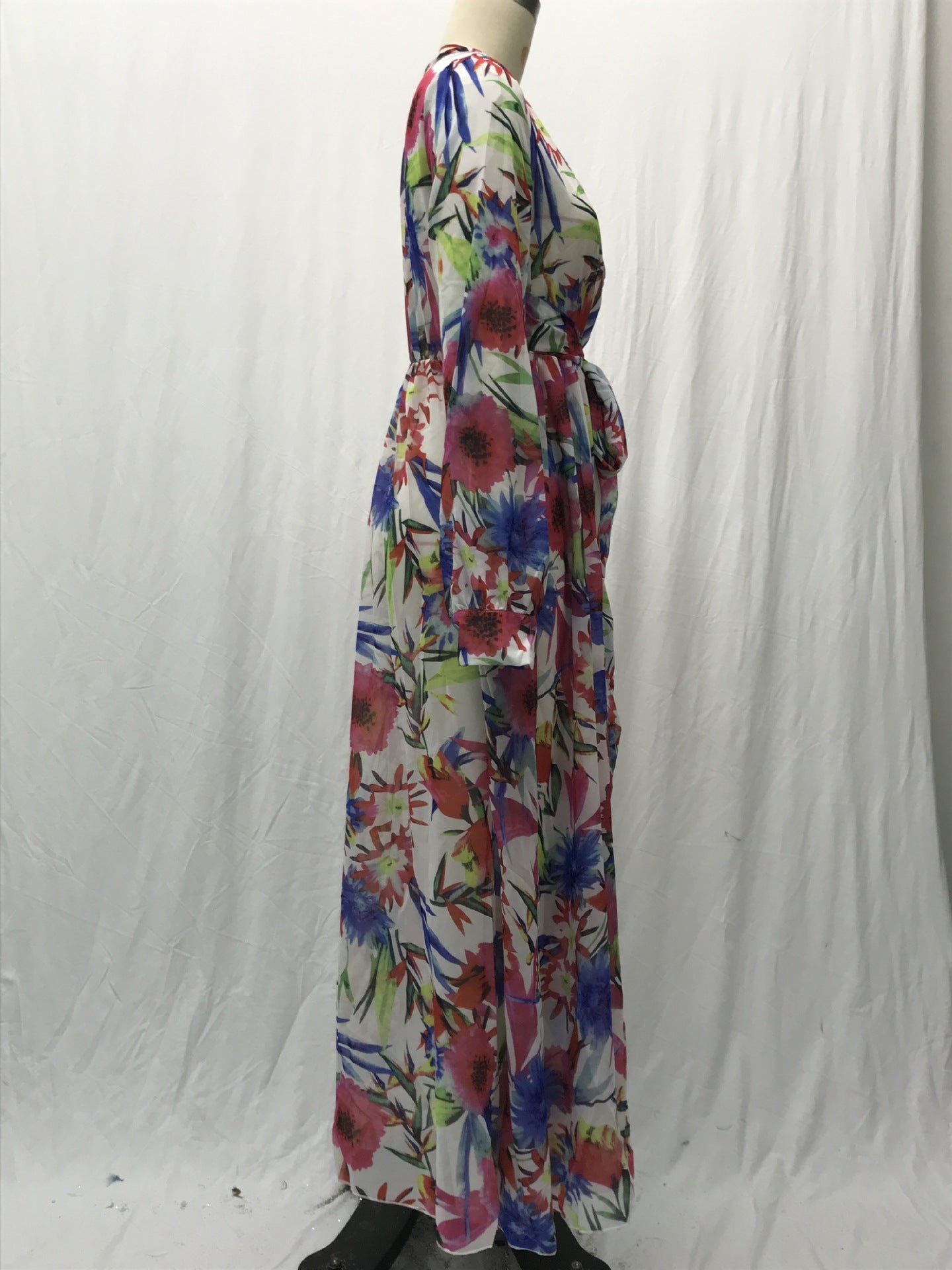 2025 Cross-Border Summer New Amazon European and American Lantern Sleeve Sexy Deep V Print Dress Green Leaf Long Skirt