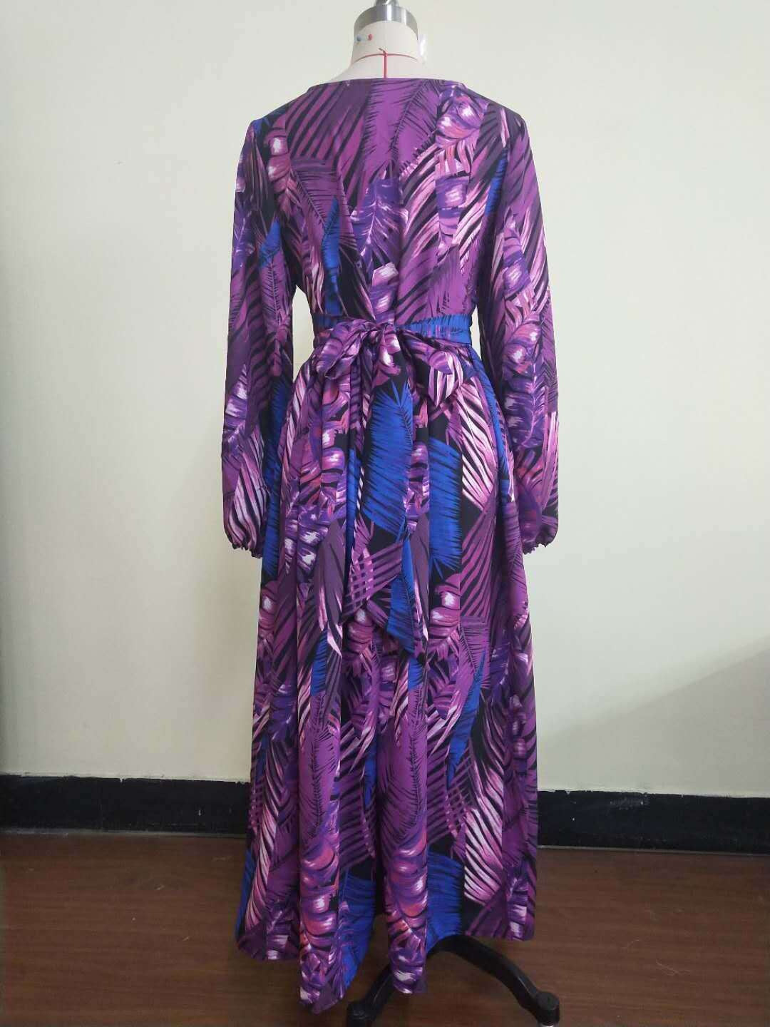 2025 Cross-Border Summer New Amazon European and American Lantern Sleeve Sexy Deep V Print Dress Green Leaf Long Skirt