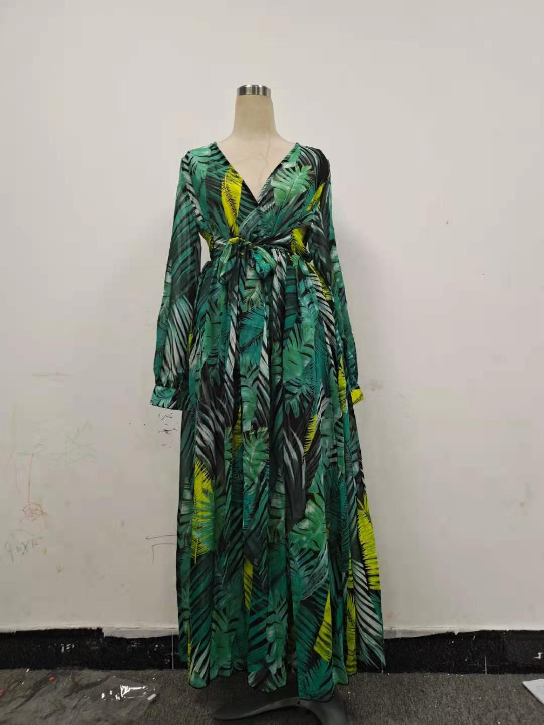 2025 Cross-Border Summer New Amazon European and American Lantern Sleeve Sexy Deep V Print Dress Green Leaf Long Skirt