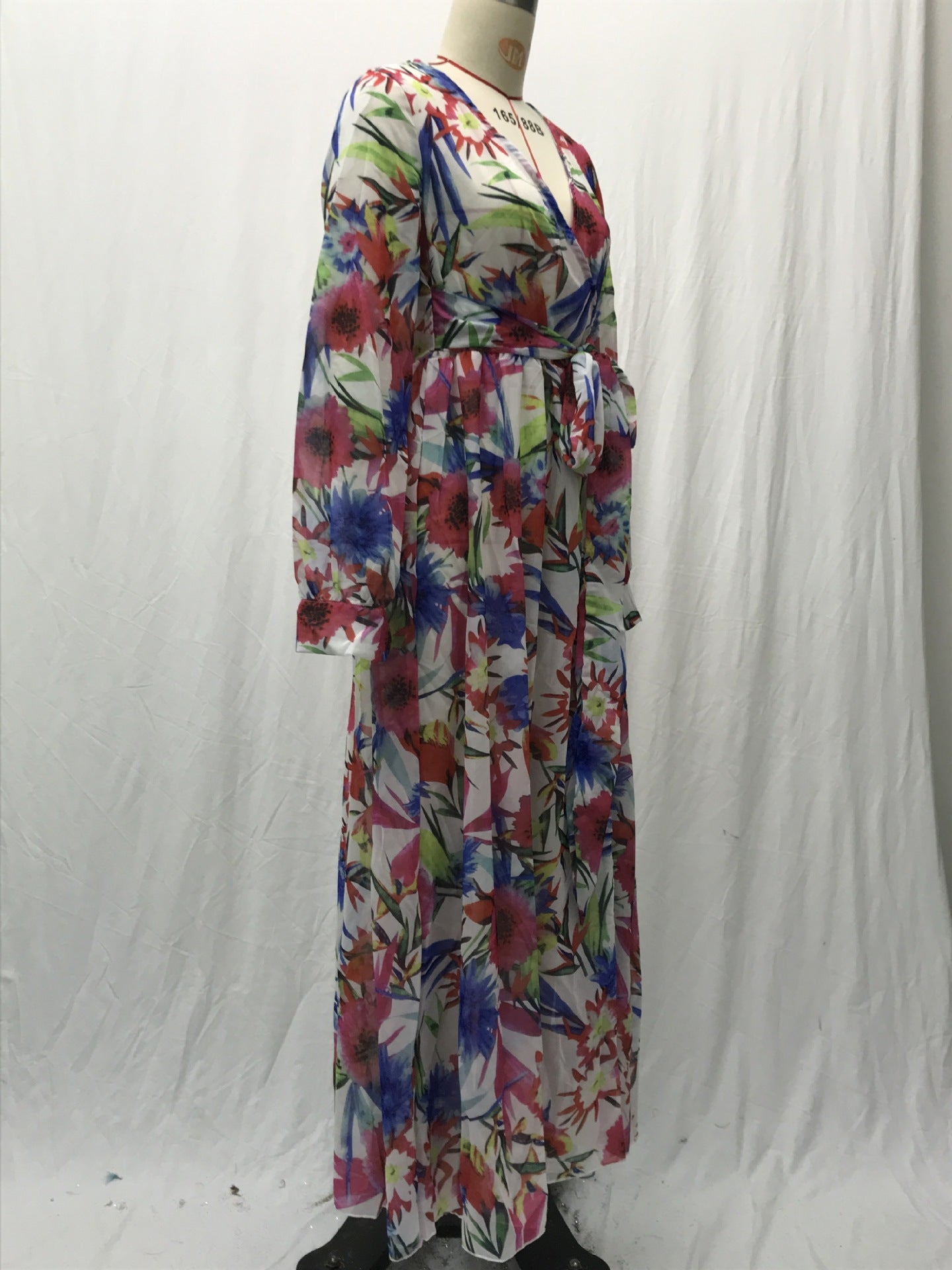 2025 Cross-Border Summer New Amazon European and American Lantern Sleeve Sexy Deep V Print Dress Green Leaf Long Skirt