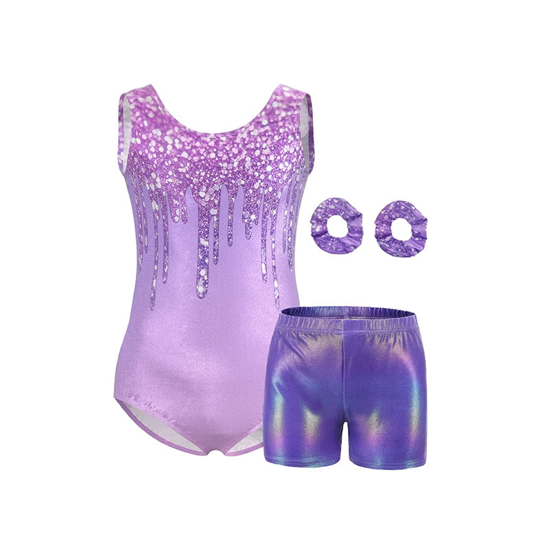 Girls Gymnastics Leotard Set – Shiny Colorful Sleeveless Tank with Shorts & Hairband