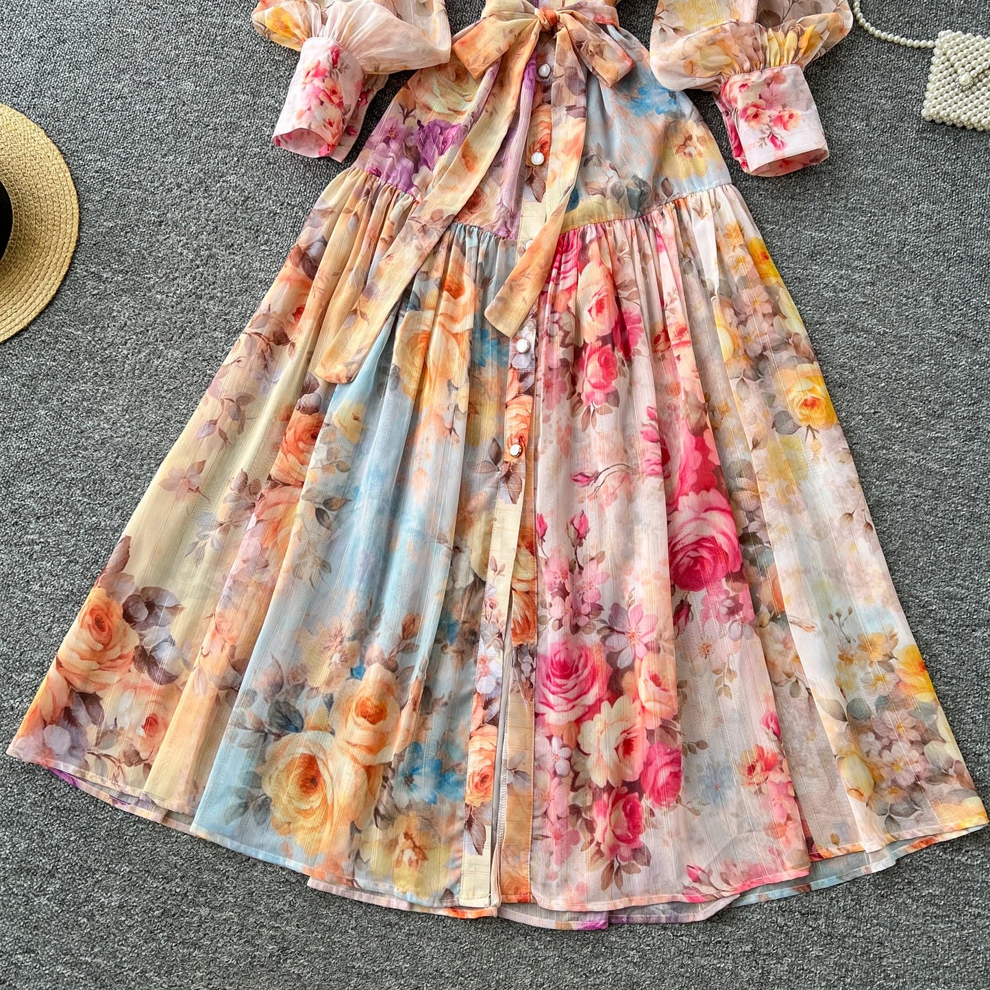 Women's French Vintage Palace Print Dress — Stand Collar Lantern Sleeve A-Line