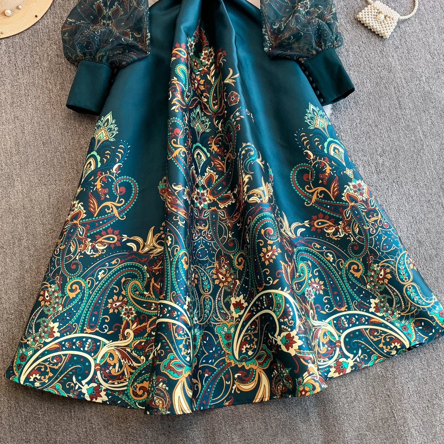 Elegant European Court Style Vintage Mesh Splice Print Lantern Sleeve Long Dress Women's Waist Cinching Slimming Maxi Gown