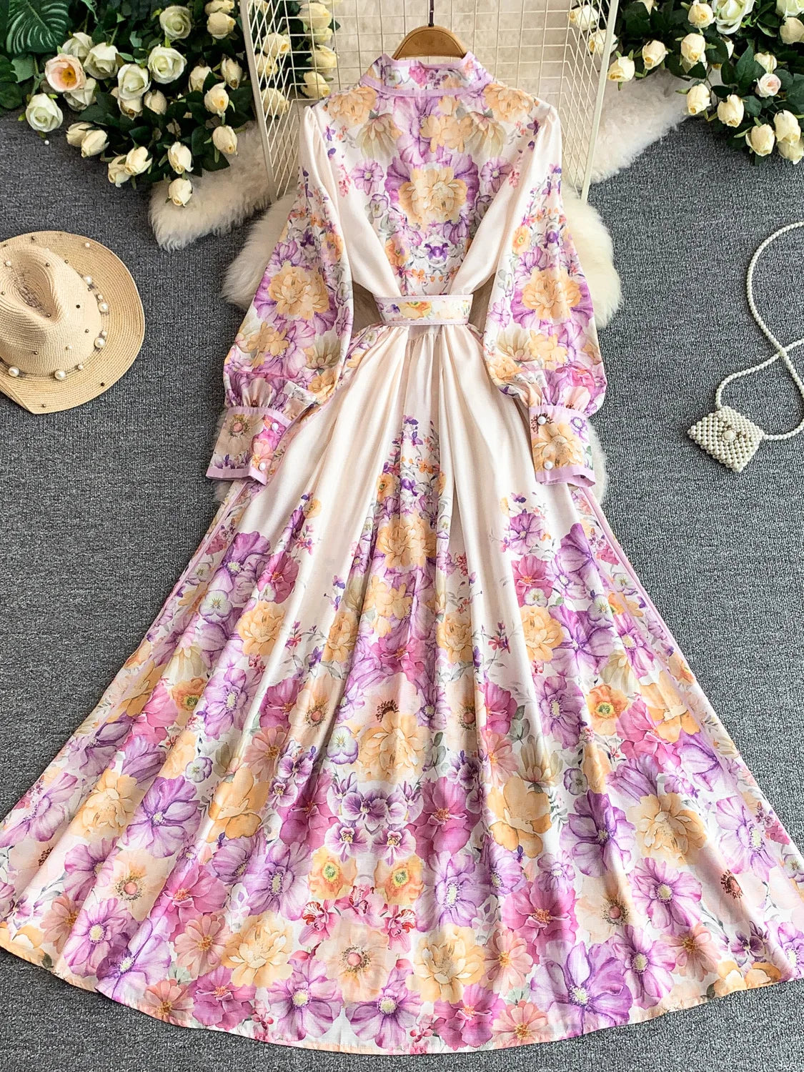 Women's Romantic Print Lantern Sleeve Dress — Belted Split Maxi