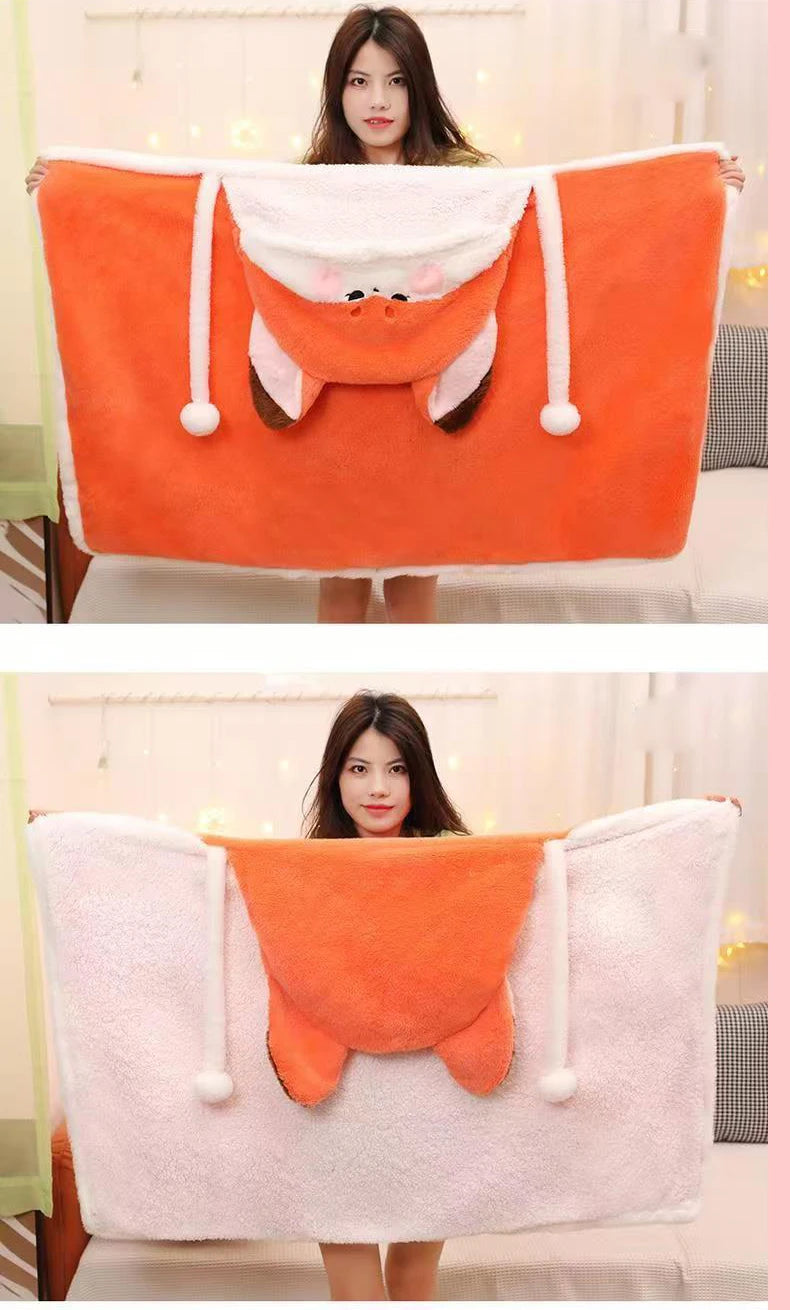 Winter Cartoon Fox Wearable Blanket Cloak — Cozy Shawl Nap Blanket
