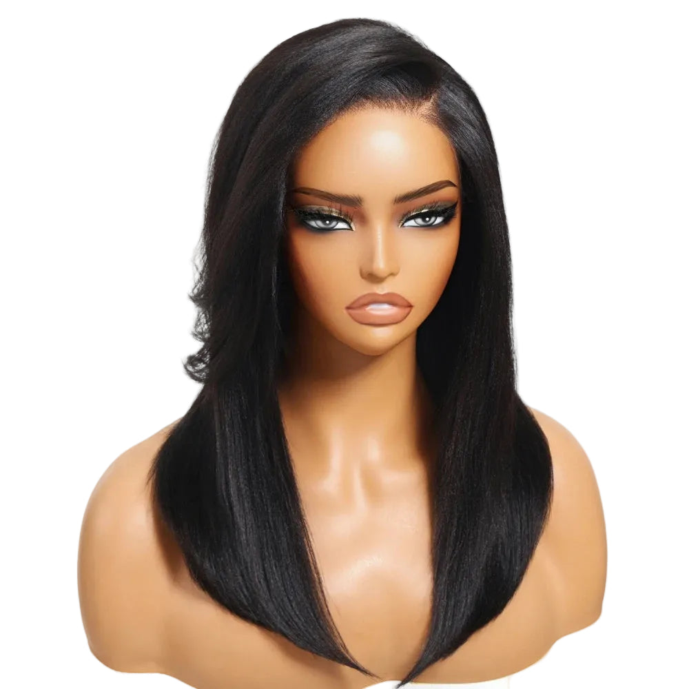 7x5 Lace Drawstring Cap Yaki Straight Wig With Side Bangs Pre Cut Pre Bleached Glueless Wig Human Hair 150% Density