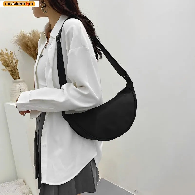 Homefish New Simple and Casual Solid Color Nylon Large Capacity Women's Dumpling Bag Shoulder Bag for Travel and Commuting