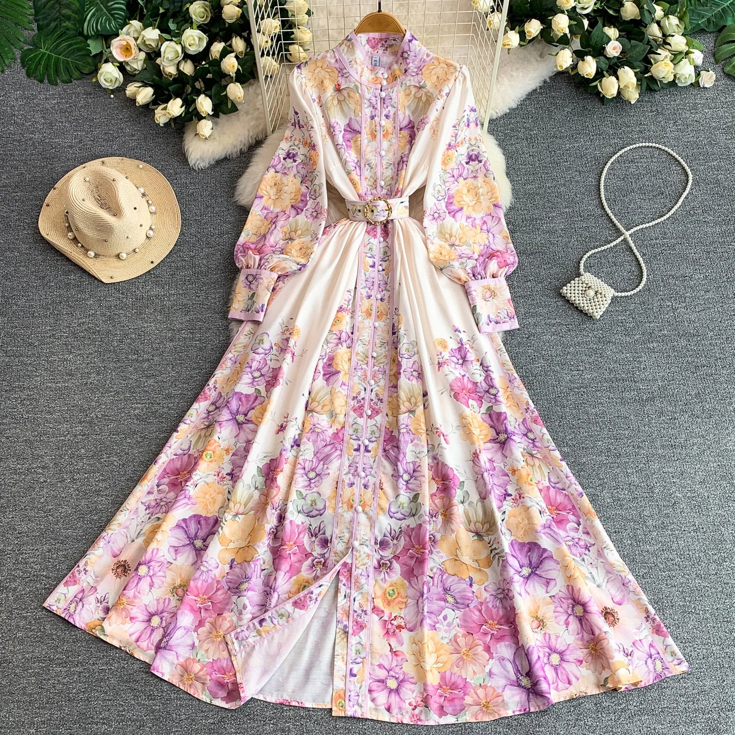 Women's Romantic Print Lantern Sleeve Dress — Belted Split Maxi