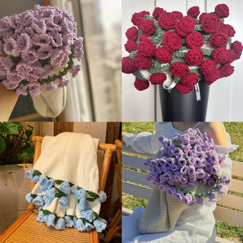 Crochet Flower Bouquet Blanket — Handmade Knit Floral Throw