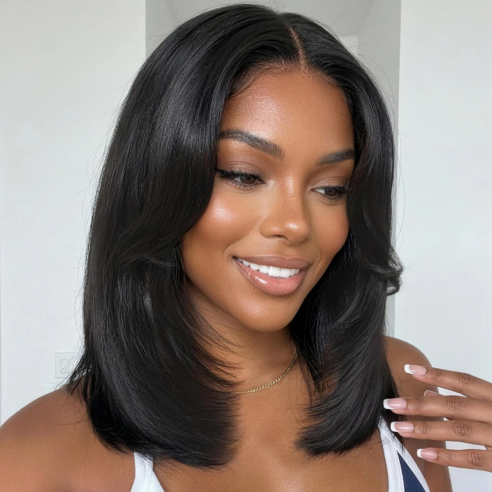 Layered Cut Straight Bob Wig with Curtain Bangs — Glueless 7x5 Lace, Human Hair