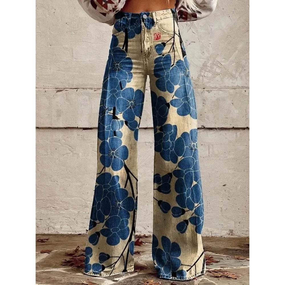 Women's Boho Floral High Waist Wide Leg Pants — Vintage Y2K Loose Trousers