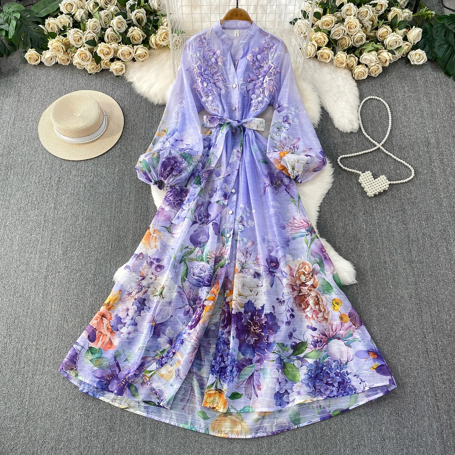 Elegant French Style round Neck Long Sleeve Dress Women's Spring Autumn Heavy Work Floral Embroidery A-Line Skirt Dress
