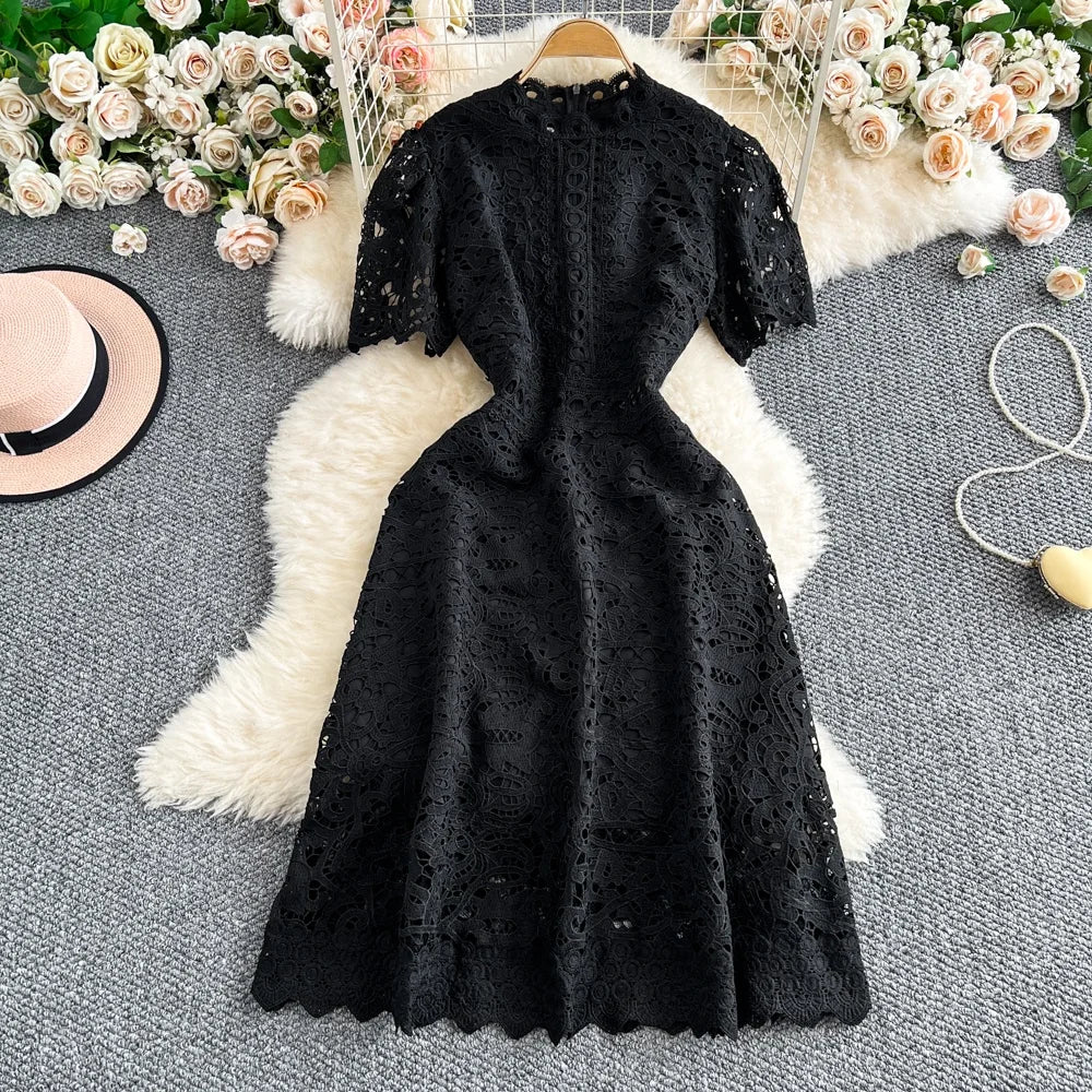 Women's French Style Hollow-Out Lace Dress — Waist-Cinched Short Sleeve A-Line