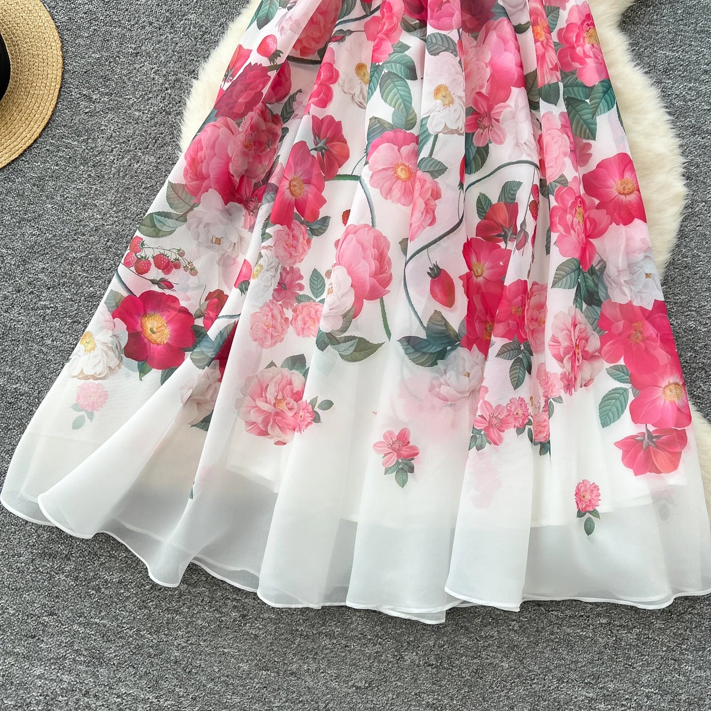 Women's French Elegant Sleeveless V-Neck Printed Dress — Ruffled A-Line Beach Boho