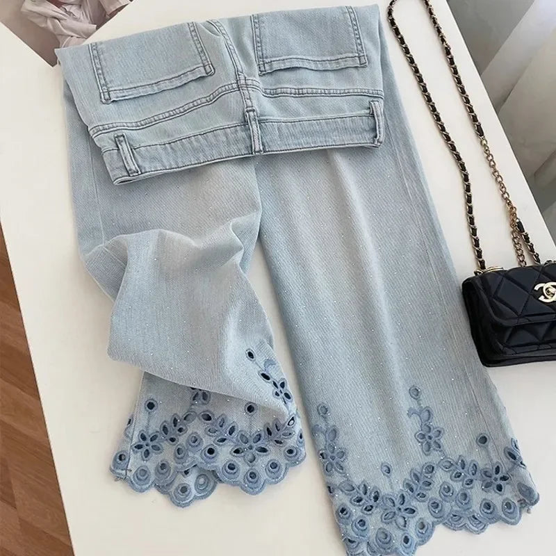 Women's High-Waist Rhinestone Embroidered Straight Jeans — Y2K Luxury Streetwear