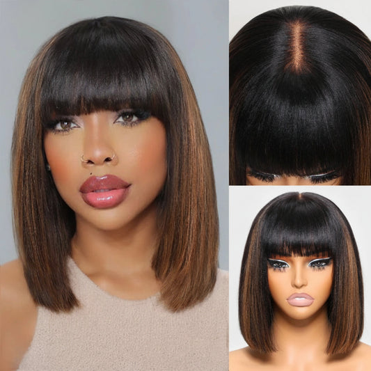 Balayage Highlight Yaki Straight Bob Wig with Bangs | Glueless 4x2 Lace, Human Hair, 150% Density