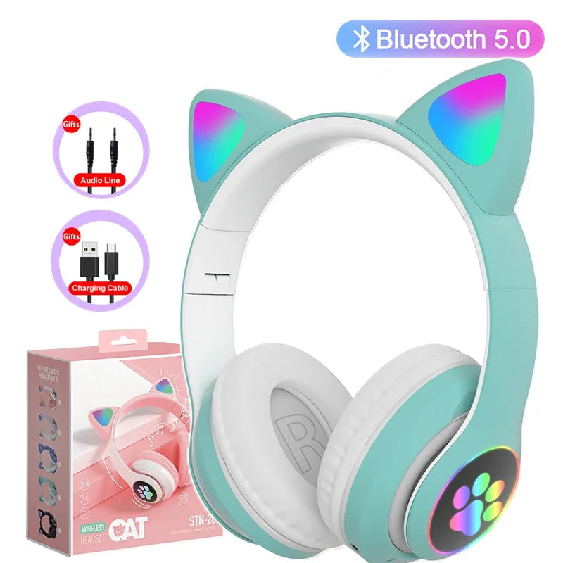 Cat Ears Bluetooth Headphones for Kids – Wireless LED Flash, Mic & TF Card Support