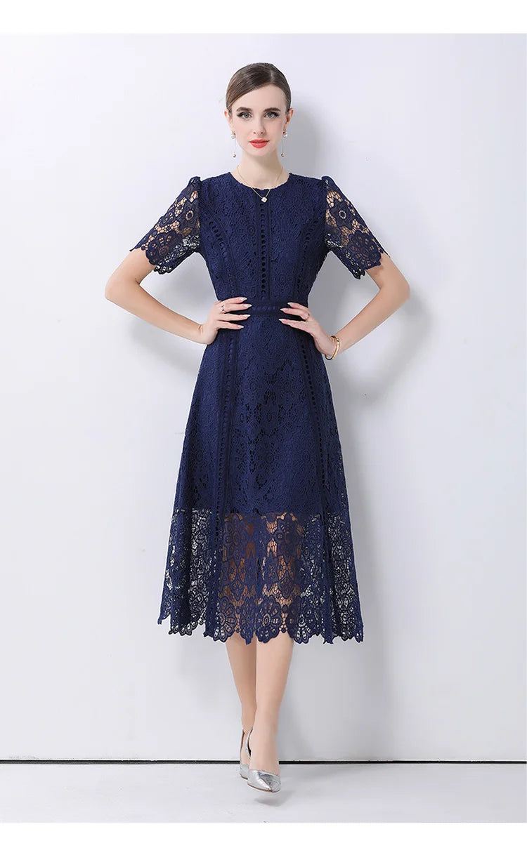 Women's Vintage High-End Lace Hollow-Out Long Dress — Slim Elegant Summer Gown