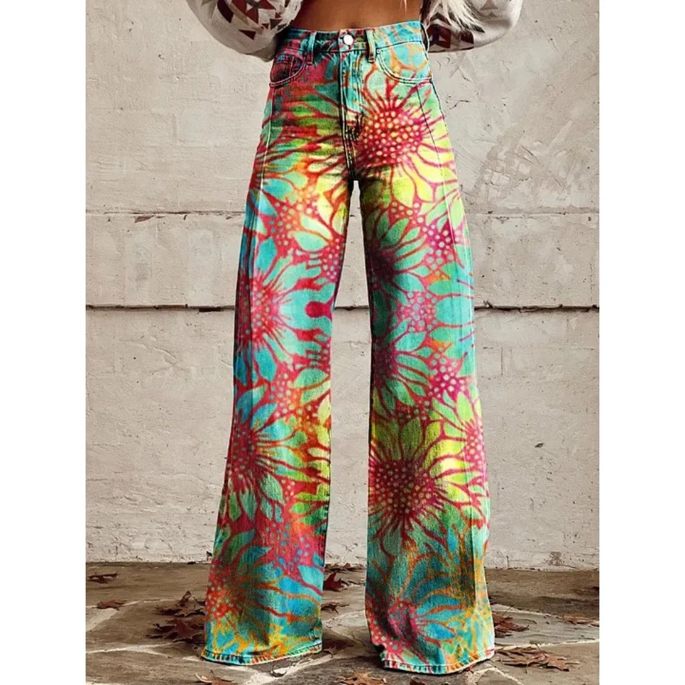 Women's Boho Floral High Waist Wide Leg Pants — Vintage Y2K Loose Trousers