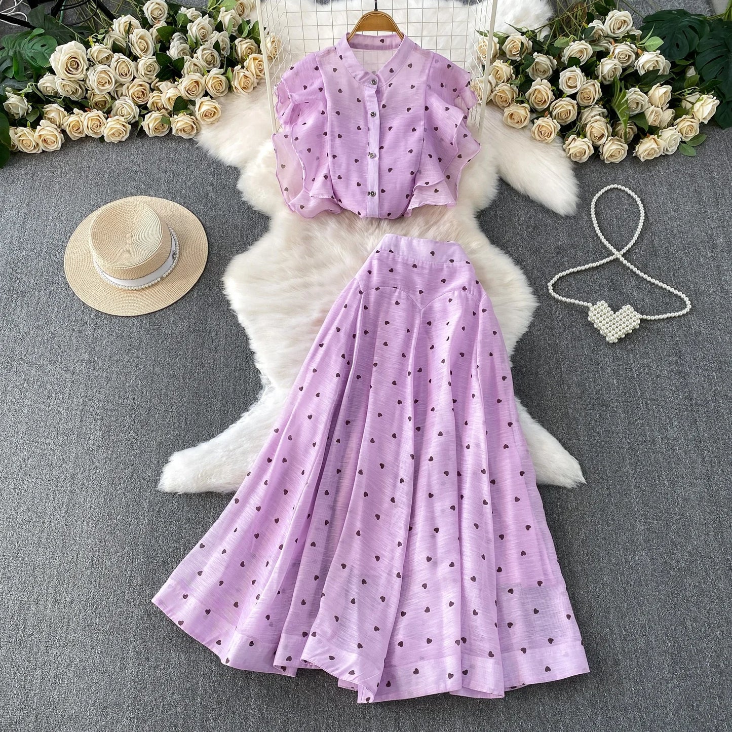 Women's French Style Sweet Chiffon Two-Piece Set — Heart Print Shirt & Flared Skirt