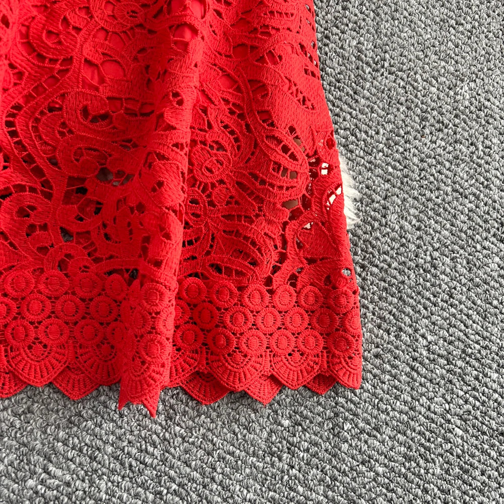 Women's French Style Hollow-Out Lace Dress — Waist-Cinched Short Sleeve A-Line