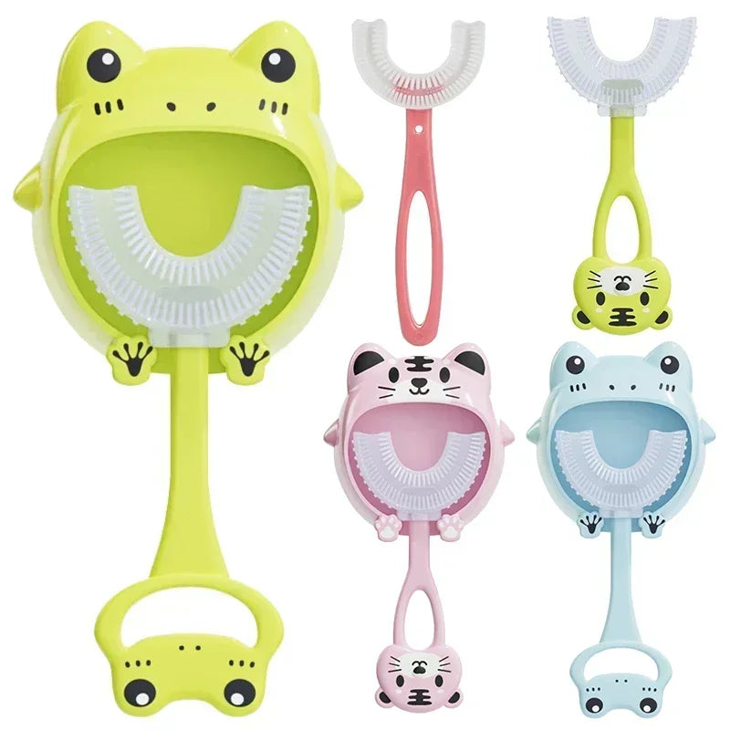 Kids U-Shaped Silicone Toothbrush — 360° Cartoon Design for Ages 1–12