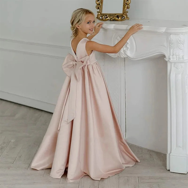 Girls Elegant Dress White Wedding Bridesmaid Prom Gown Big Bow Girls Party Dress Kids First Communion Formal Evening Vestidos