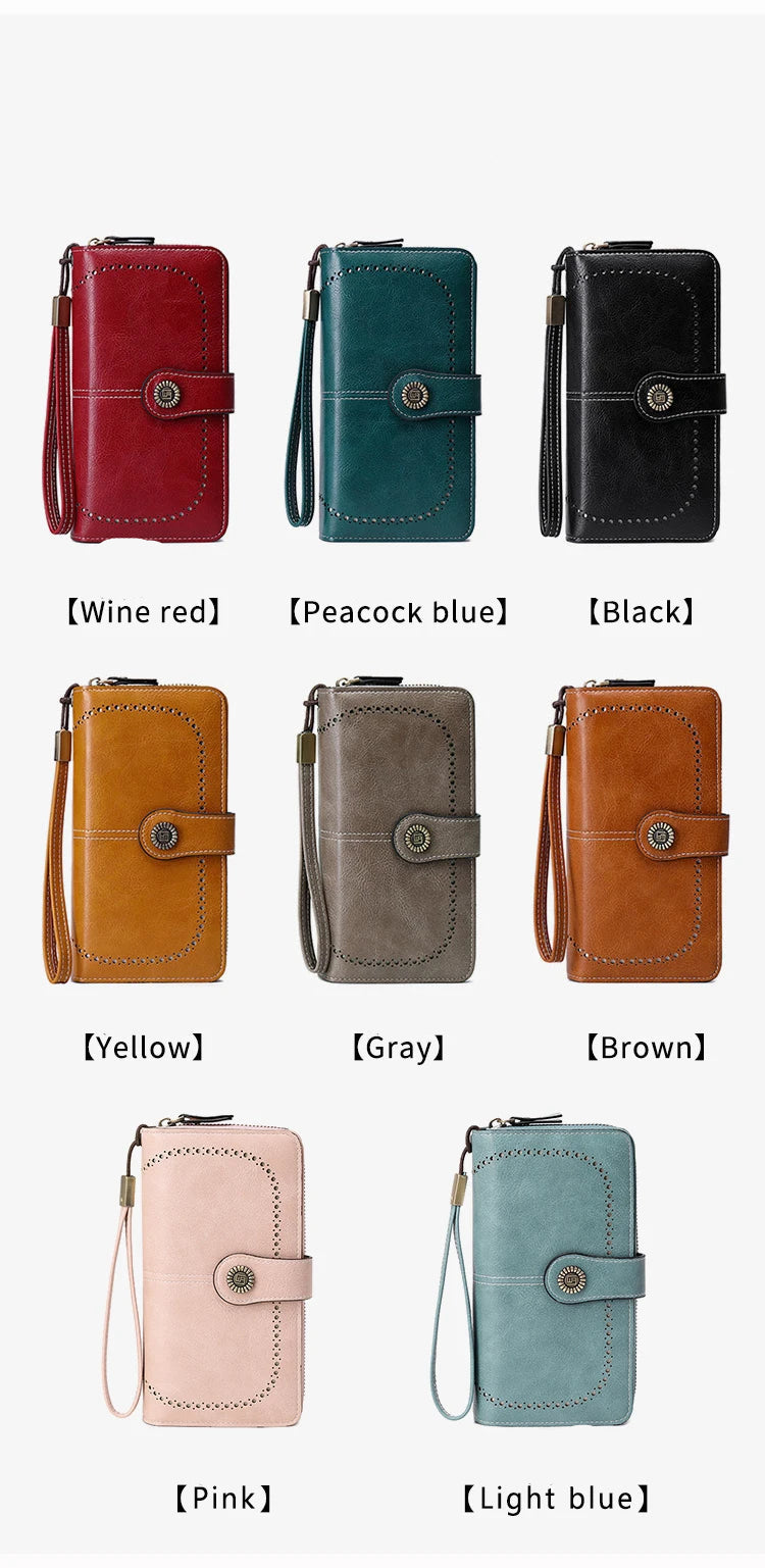 RFID anti-theft brush Retro large capacity long wallet Multi-card women's wallet Multi-function zipper wallet with wrist strap