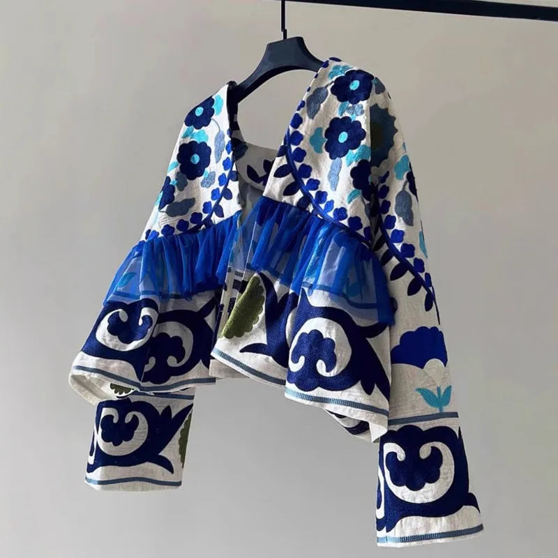 Women's Floral Embroidered Cardigan — Loose Fit Long Sleeve Top