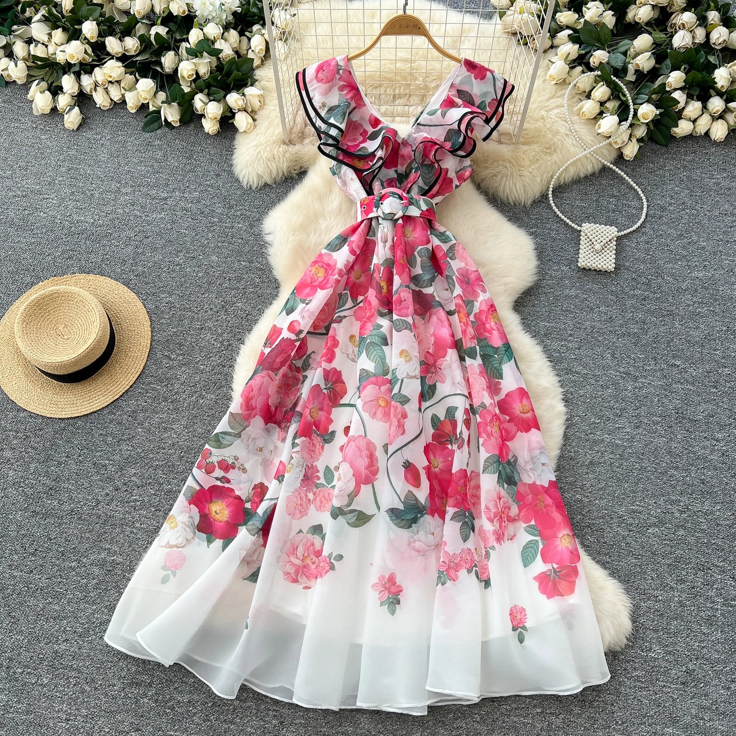 Women's French Elegant Sleeveless V-Neck Printed Dress — Ruffled A-Line Beach Boho