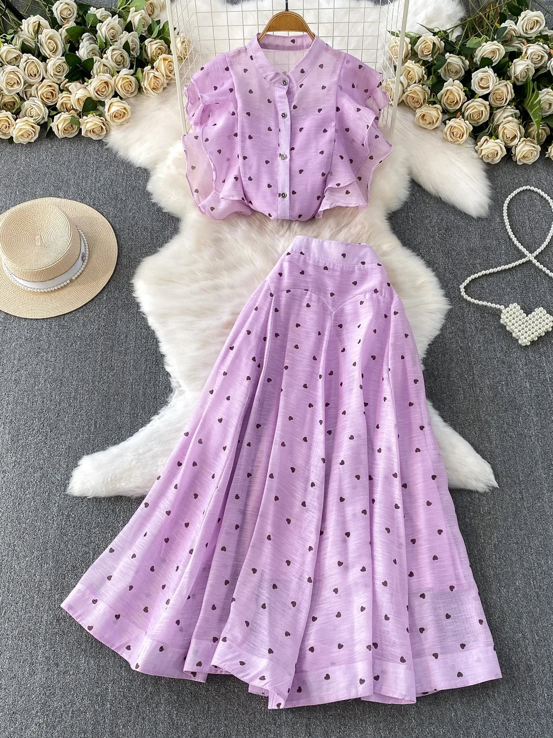 Women's French Style Sweet Chiffon Two-Piece Set — Heart Print Shirt & Flared Skirt