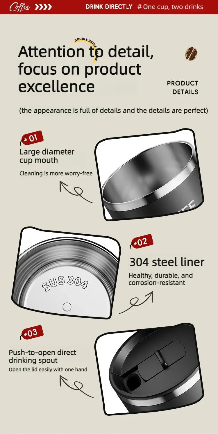 Double Wall Insulated Coffee Mug — 304 Stainless Steel with Handle