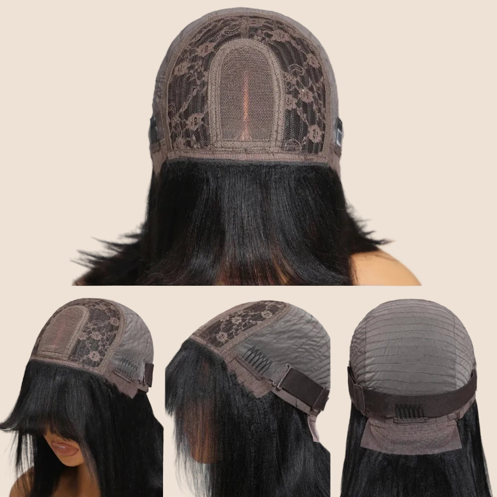 Balayage Highlight Yaki Straight Bob Wig with Bangs | Glueless 4x2 Lace, Human Hair, 150% Density