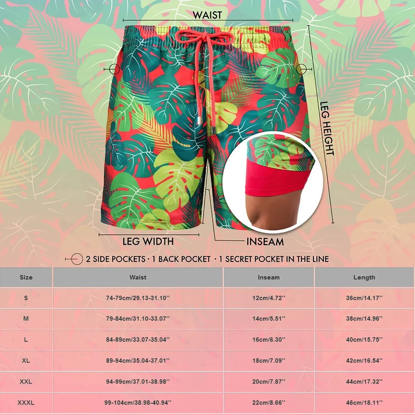 Men's Tropical Print Beach Shorts with Lining — Casual Summer Swim Trunks