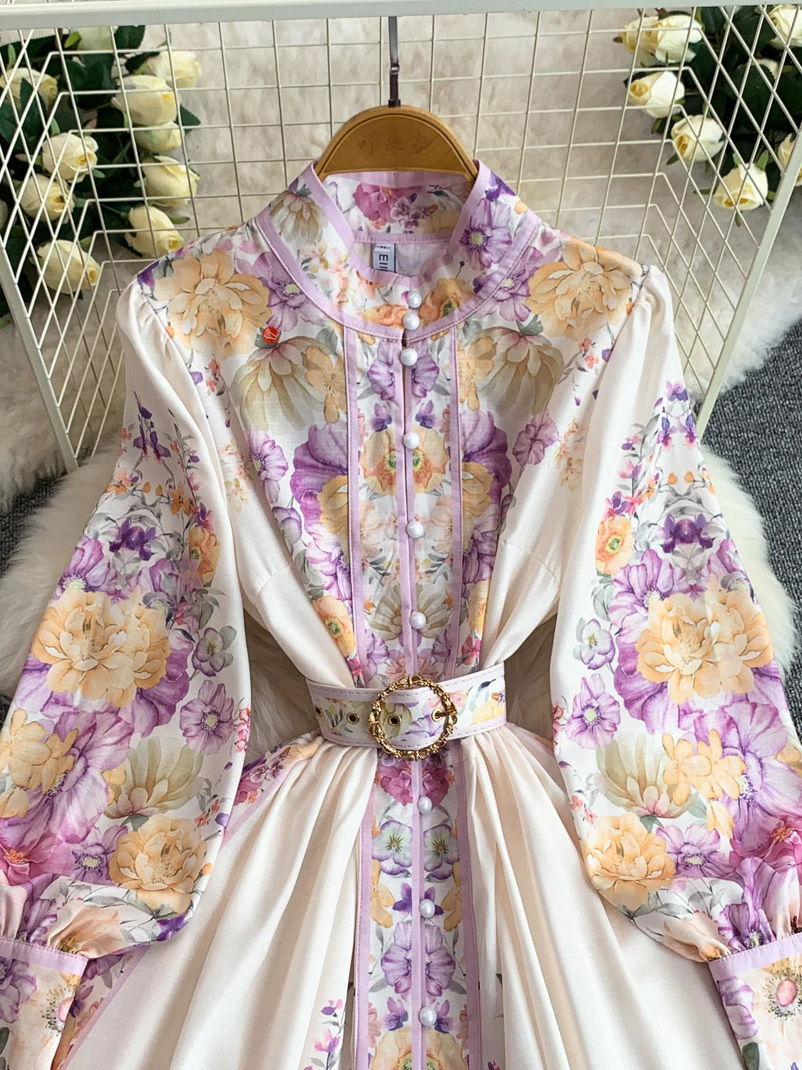 Women's Romantic Print Lantern Sleeve Dress — Belted Split Maxi