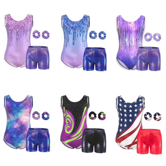 Girls Gymnastics Leotard Set – Shiny Colorful Sleeveless Tank with Shorts & Hairband