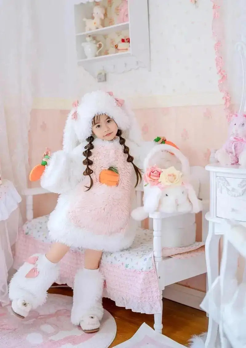 Cartoon Children Plush Rabbit Cosplay Costume Kawaii Kids Winter Warm Sets Top Pants Hat Suit Girl Halloween Party Outfits Gift