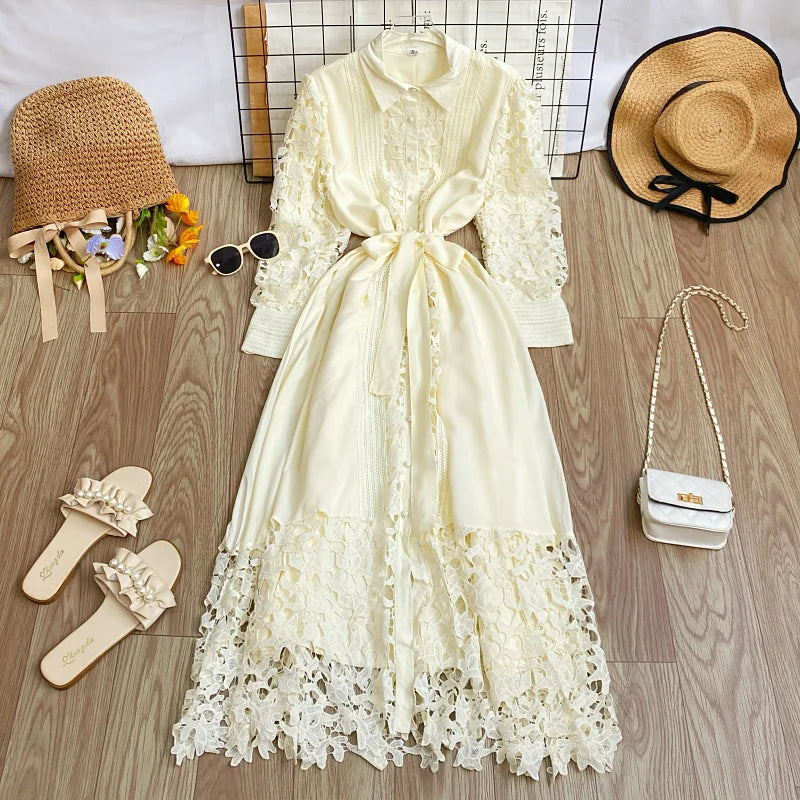 Women's Vintage Lace Bell Sleeve Dress — Waist-Cinching Belt A-Line Gown
