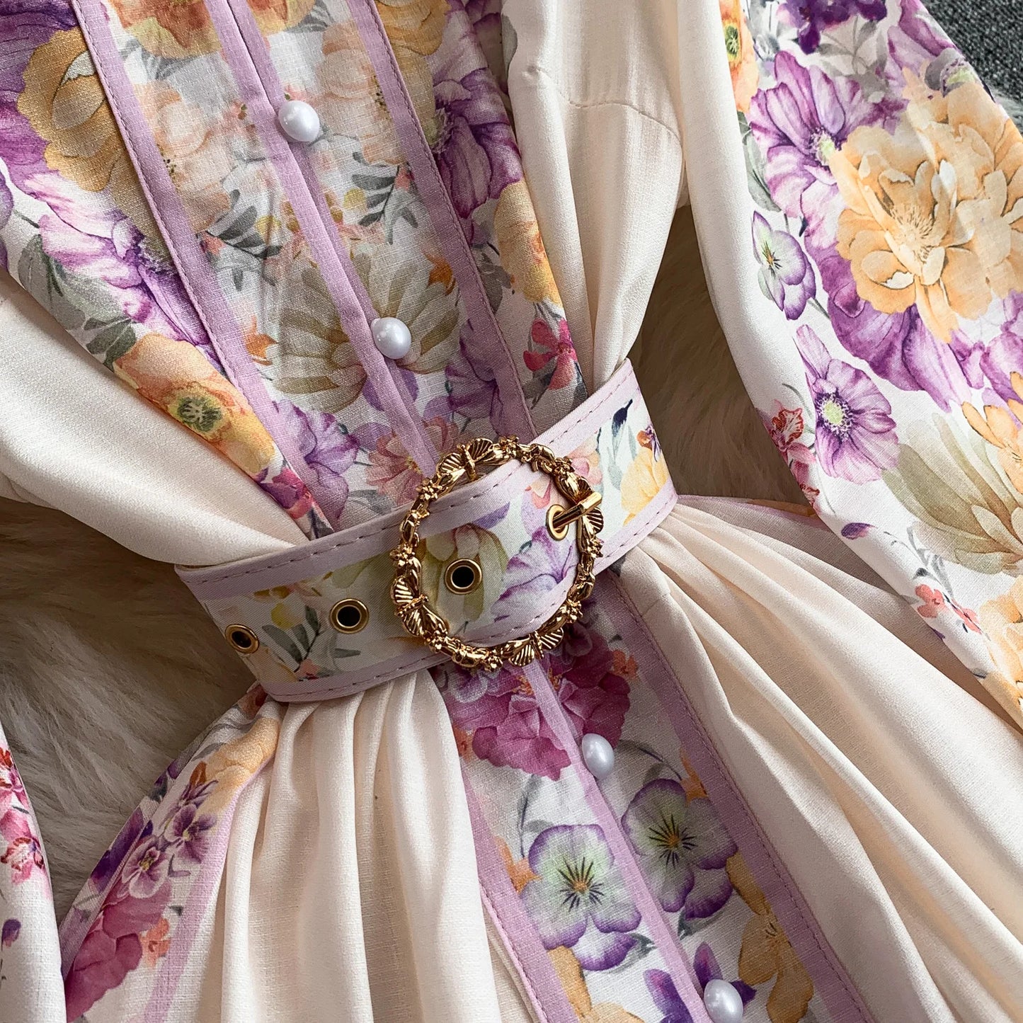 Women's Romantic Print Lantern Sleeve Dress — Belted Split Maxi