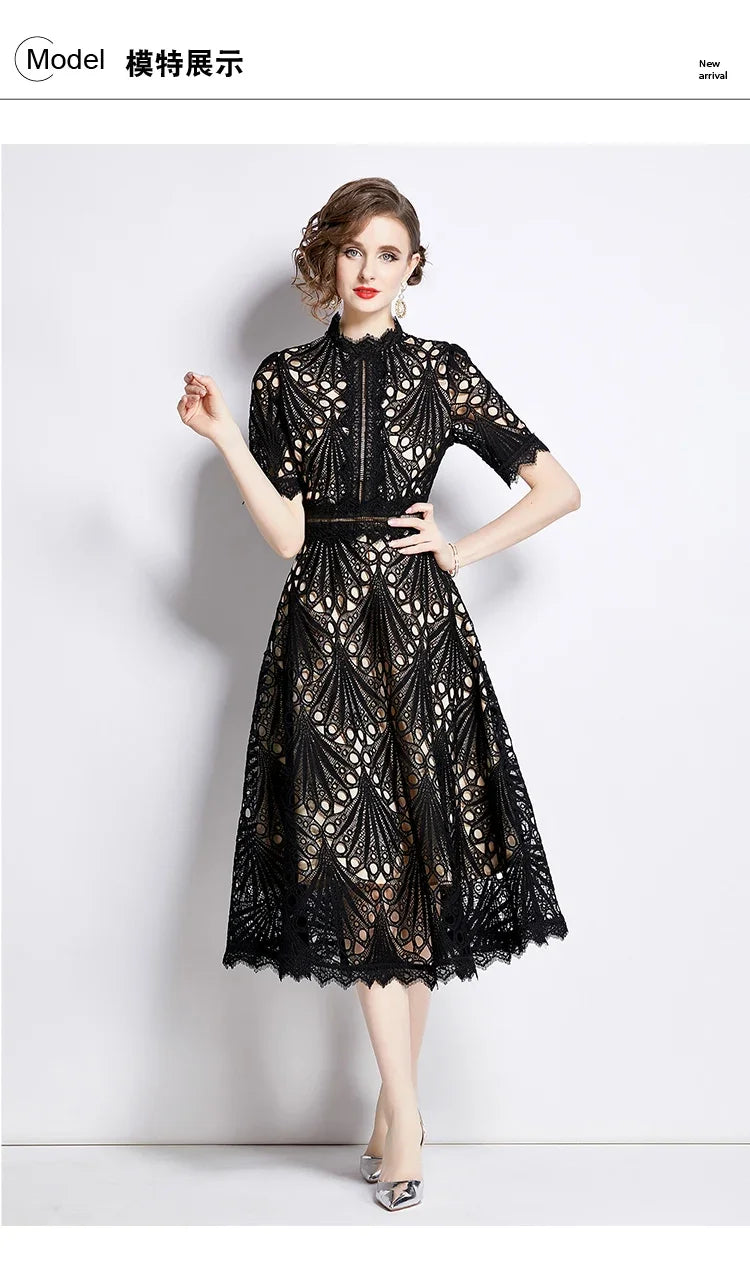 Women's Vintage High-End Lace Hollow-Out Long Dress — Slim Elegant Summer Gown