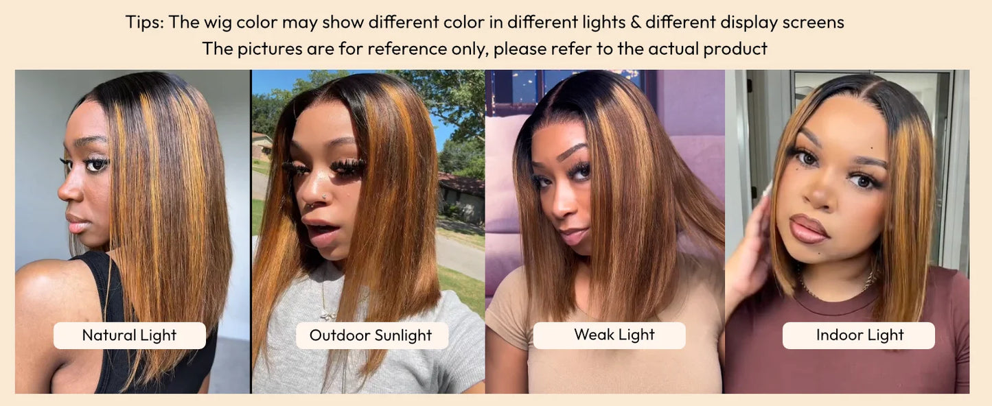 Brown With Blonde Piano Highlights Blunt Bob Wig With Dark Roots | No-Slip 7x5 Pre-Cut Glueless Human Hair