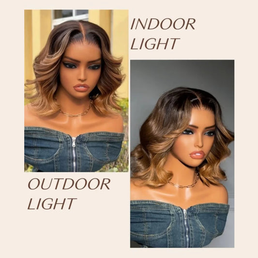 Brown With Honey Blonde Highlights Wavy Bob Wig | Glueless Lace | 100% Human Hair