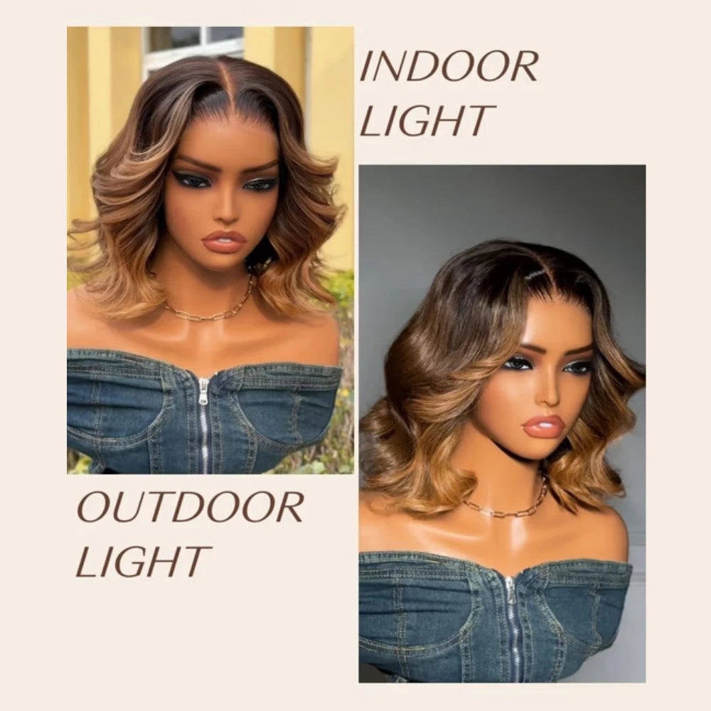 Brown With Blonde Highlights Wavy Bob Wig | Face-Framing Layers Side Part 7x5 & 13x4 Lace Glueless Human Hair